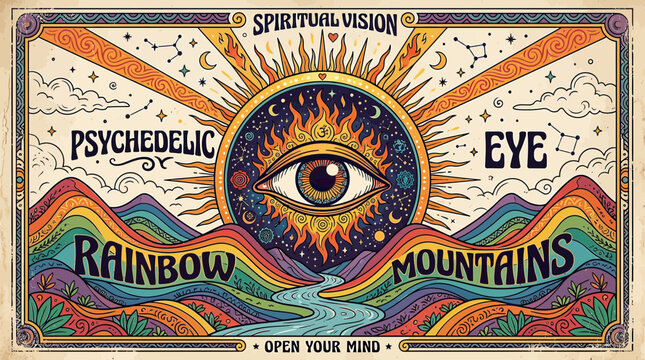 Psychedelic Eye Rainbow Mountains Spiritual Vision Open Mind Art