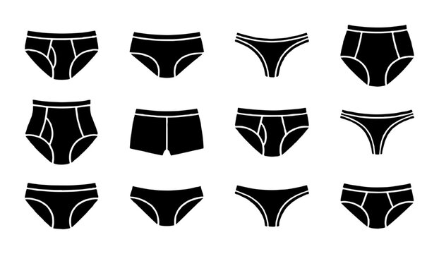 12 Black Underwear Icons, Vector Silhouettes of Briefs and Thongs, Lingerie Fashion Set