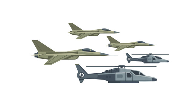 Military aviation fleet featuring fighter jets and helicopters in formation for defense aerospace and air force training simulation concepts.
