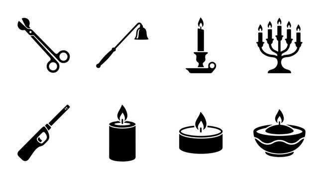 Candle Accessories and Lighting Tools Vector Icons Set, Flameless and Traditional Candle Elements