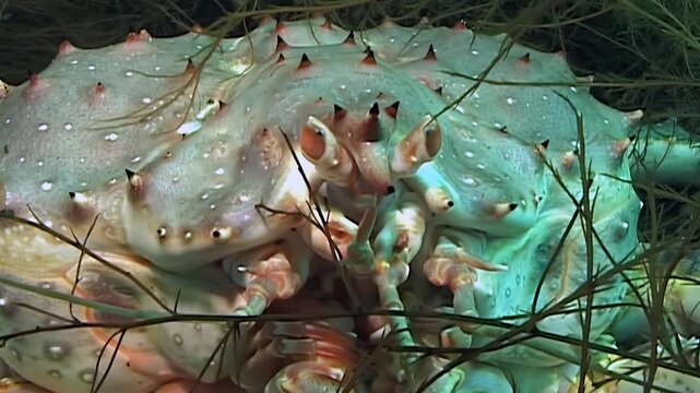 A magnificent Red King Crab, Paralithodes Camtschaticus, subtly shifts its formidable, spiny body amidst sparse marine flora. This close-up unveils its serene presence in the frigid Arctic depths.
