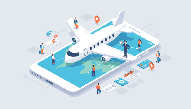 Isometric mobile app concept design for booking global travel flights with a large airplane on a smartphone.