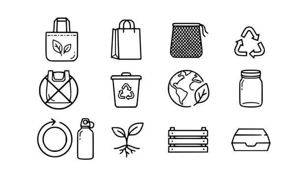 Plastic bag free day vector icon set with simple bold line art classic reusable cloth bag paper tote eco recycling symbol and zero waste clip art black and white