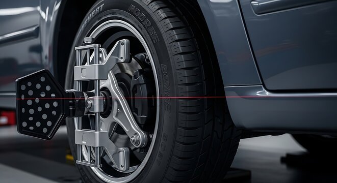 4 wheel alignment procedure being performed on a modern car wheel with precision laser diagnostic equipment in a professional automotive service center