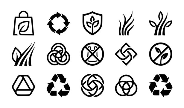 Modern abstract eco symbol vector clipart set with minimalist clean outline plastic free day recycling leaf tote bag and zero waste logo graphics black and white