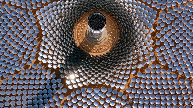  Global Energy Independence Day: Aerial top-down view of enormous concentrated solar power plant in sun-scorched desert