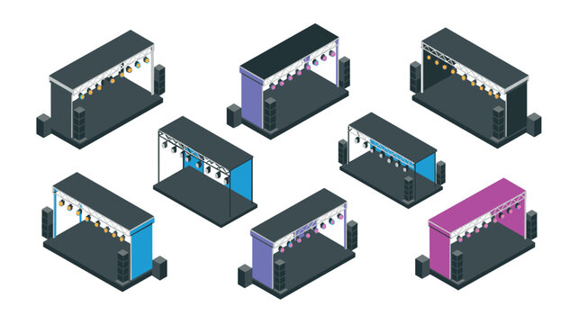 Multiple isometric concert stage designs with varied truss structures and lighting setups isolated on a light background.