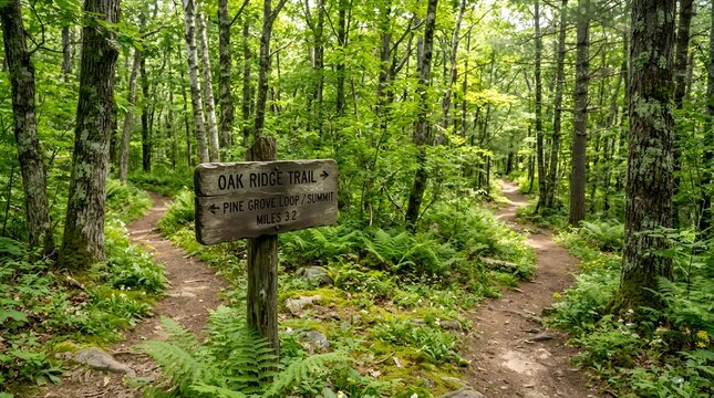 Forest trail split with wooden sign, nature hiking path, decision point