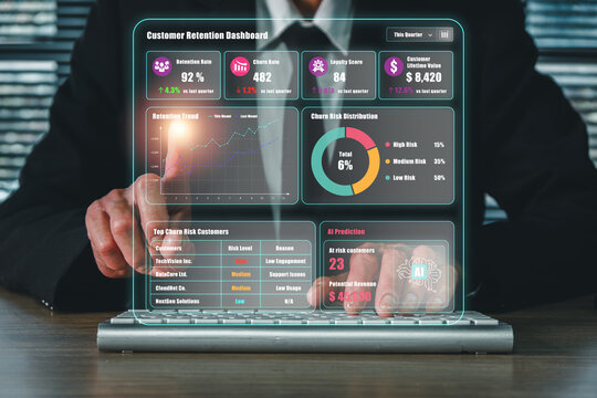 Businessman Analyzing Customer Retention Data on Futuristic Digital Dashboard for Strategic Business Insights