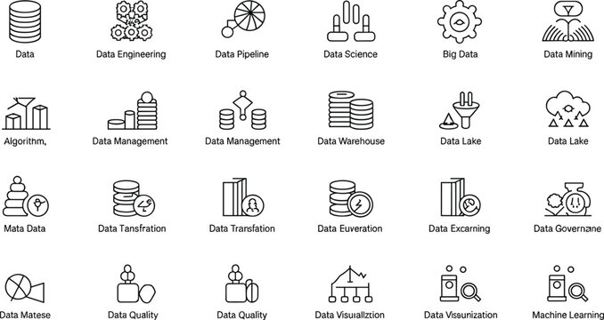 Big data science engineering management algorithms machine learning and analytics database processing outline icon vector set