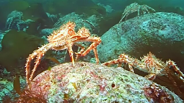 Thousands of large Red King Crabs Paralithodes Camtschaticus embark on an epic migration. Observe their purposeful movement across the cold Arctic seabed, a truly breathtaking spectacle of ocean life.