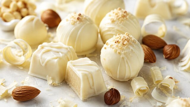 Close-up of assorted white chocolate truffles, pralines and squares garnished with whole almonds and white chocolate shavings