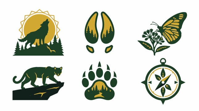 Set of nature themed vector icons featuring a howling wolf a deer track a butterfly a mountain lion a bear paw print and a vintage navigation compass