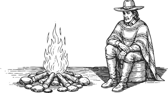 vintage engraving of a man in a hat and poncho sitting by a campfire in wilderness