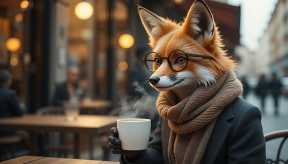 Fototapeta premium Stylish Fox at Cafe Enjoying Cozy Winter Morning