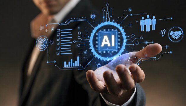 Businessman in a dark suit holding a glowing holographic AI interface with business icons, gears, and data charts, representing artificial intelligence in corporate strategy.