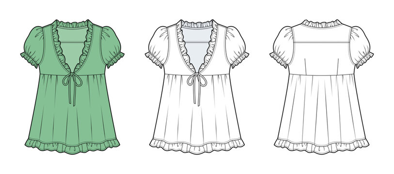 Women's Puff Sleeve Babydoll Top with Ruffle Hem Technical Fashion Flat Sketch CAD Vector Template. Front and Back View Tech Pack.