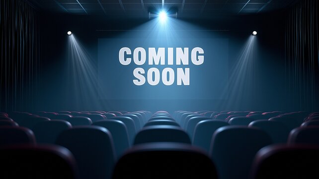 A cinematic theater interior with dramatic red and blue stage lighting illuminating a large "COMING SOON" message. Ideal for entertainment, movie promotions