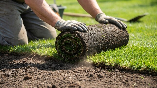A close-up, three-quarter view captures a landscaper&rsquo;s gloved hands carefully unrolling a fresh roll of green sod turf onto rich dark soil to create a new lawn.