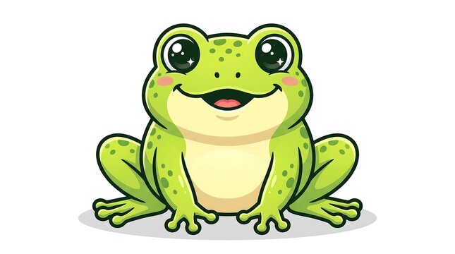 A cute and cheerful green cartoon frog sitting happily with a wide smile and big, sparkling eyes on a clean white background.
