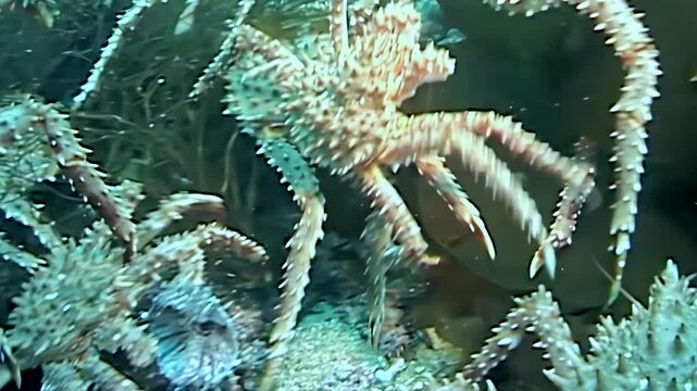 Glimpse the powerful migration of massive red King Crabs, Paralithodes Camtschaticus, moving purposefully along the Arctic seabed. This epic seasonal journey unfolds in the ocean's cold, deep embrace.