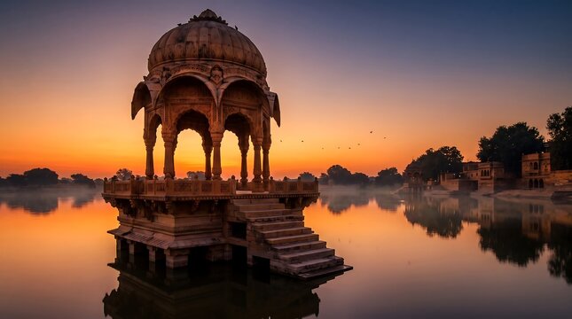An ancient sandstone chhatri gazebo stands gracefully in a calm lake during a vibrant golden sunrise, reflecting beautifully on the water's surface.