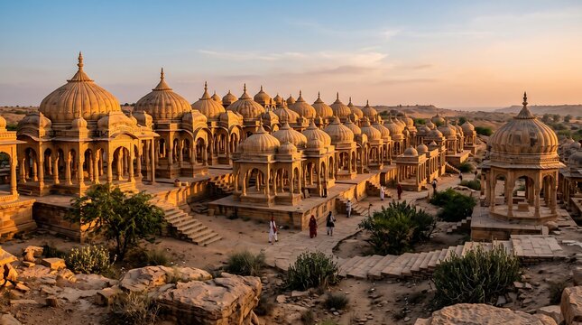 A breathtaking panoramic view of the golden sandstone chhatris of Bada Bagh in Jaisalmer, India, illuminated by the warm, soft light of a desert sunset.