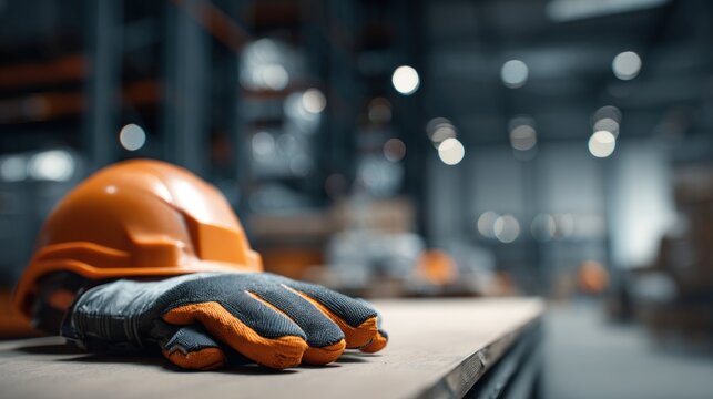 Safety helmet and glove on a surface