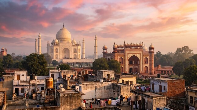 Breathtaking golden hour view of the Taj Mahal and its grand gateway rising beautifully above the everyday rooftops and clotheslines of Agra, India.