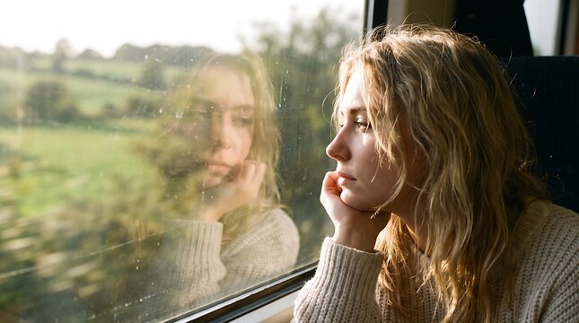 A thoughtful young woman rests her chin on her hand, gazing out a train window at a passing green landscape as her soft reflection stares back.