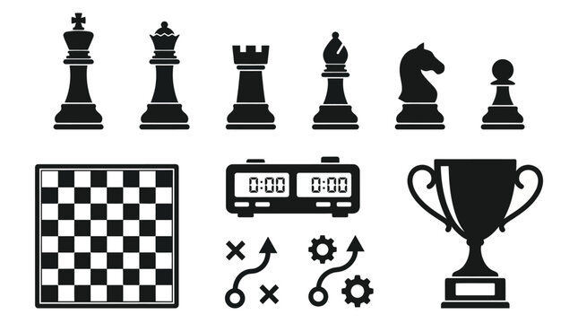 Complete chess pieces and game equipment icons.