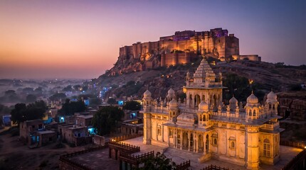 Fototapeta premium Stunning twilight view of Jaswant Thada and Mehrangarh Fort in Jodhpur, India, glowing under a vibrant evening sky with misty city lights.