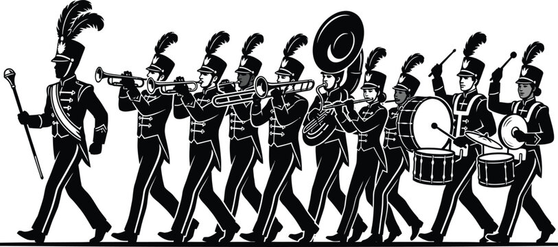 Marching Band Musicians in Uniform Vector Silhouette