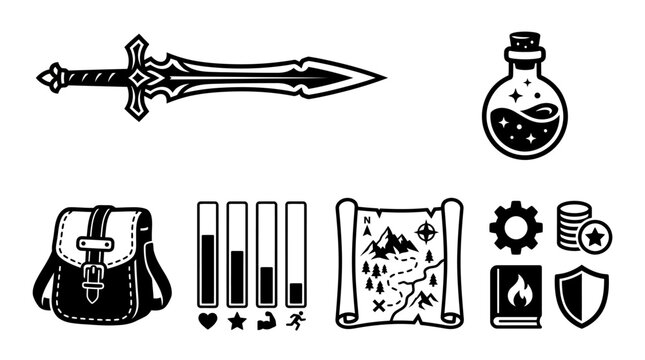 Fantasy RPG adventure and quest inventory icons.