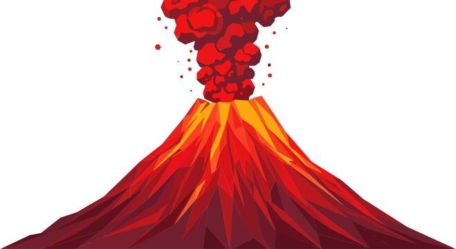 Exploding Volcano Eruption, Lava Flow, Ash Cloud, Red and Yellow Colors, Isolated