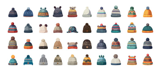 Fototapeta premium Winter hats flat vector set. Beanie woolly knitted caps headwear accessories pompom headgear cold weather clothing cozy warm apparel outdoor wear isolated on white background
