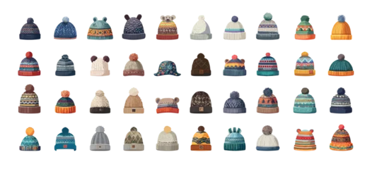 Winter hats flat vector set. Beanie woolly knitted caps headwear accessories pompom headgear cold weather clothing cozy warm apparel outdoor wear isolated on white background © ONYXprj