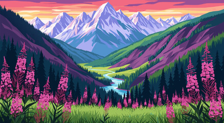 Stunning Vector Illustration Featuring A Vibrant Mountain Valley Landscape Design With Wildflowers And A Winding River Flowing Through The Wild © Life Studio