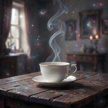 A solitary teacup rests on a weathered wooden table, a single wisp of steam rising from its depths.