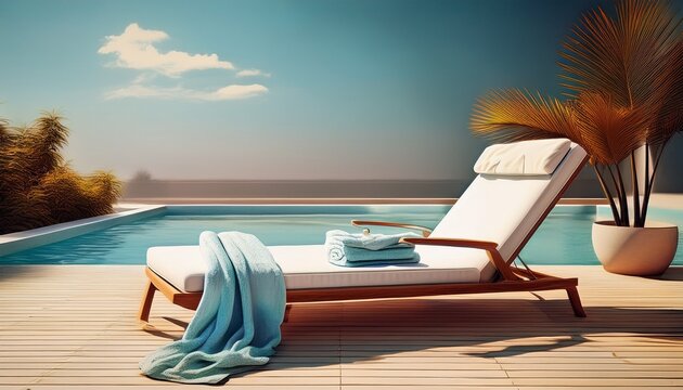 a white lounge chair and towel on a pool deck generative ai