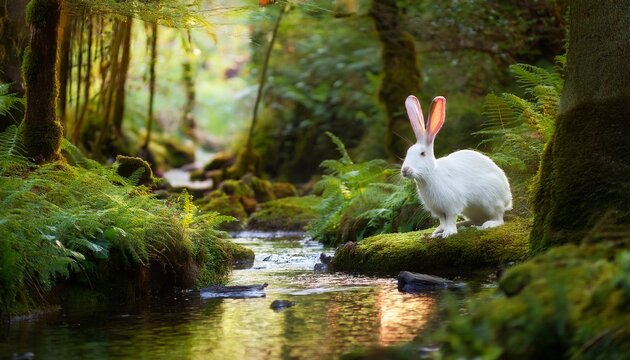 a white rabbit exploring a lush forest path beside a gentle stream
