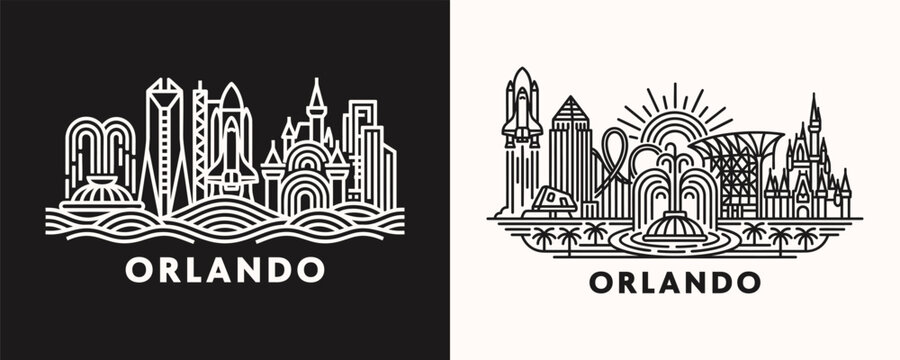 Orlando Florida city skyline line art illustration with park landmarks and architectural silhouettes in minimalist vector outline style