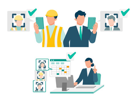 Modern biometric security workforce solution demonstrating face recognition biometric data processing on mobile app for field constructors and remote corporate employees with back office support