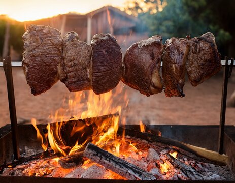 argentine asado cooking over wood fire outdoors