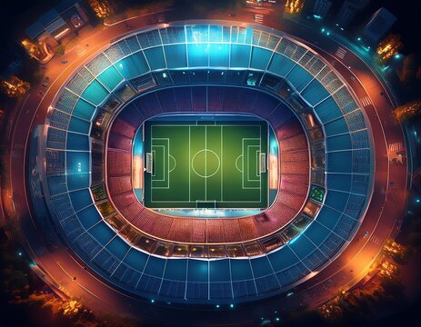 aerial overhead view of a soccer stadium at night generative ai