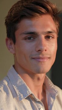Vertical video: Starting neutral, man shifting into broad, soft smile under left light, linen shirt
