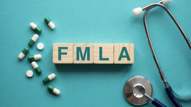 FMLA text on wooden blocks with stethoscope and medical pills on a blue background