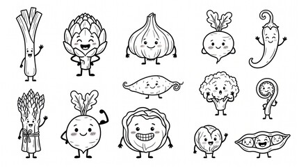 Obraz premium Cartoon Vegetables and Fruits with Expressive Faces in Playful Line Art Style