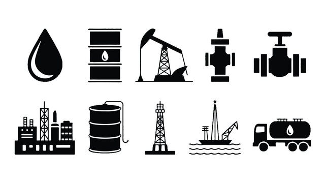 Industrial oil and gas infrastructure icons with rigs, refinery, and barrels