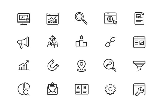 Digital marketing and SEO line icons set. Vector linear symbols of search engine optimization, online advertising, web analytics, target audience, social media marketing, and data analysis.